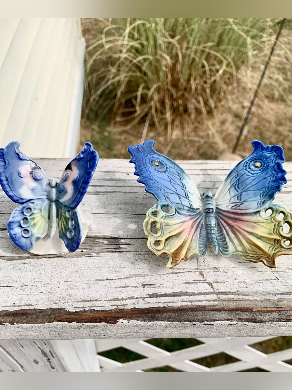 2 Antique Karl Ens Porcelain Butterflies Set Wall Plaque Germany Green Mark